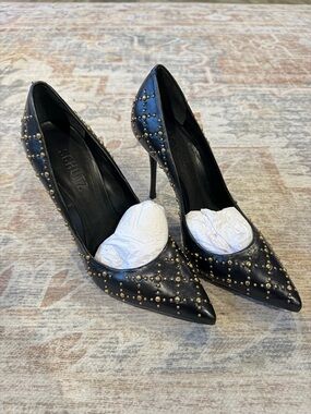 SCHUTZ Black Leather Pointed-Toe Stiletto Heels with Gold Studs